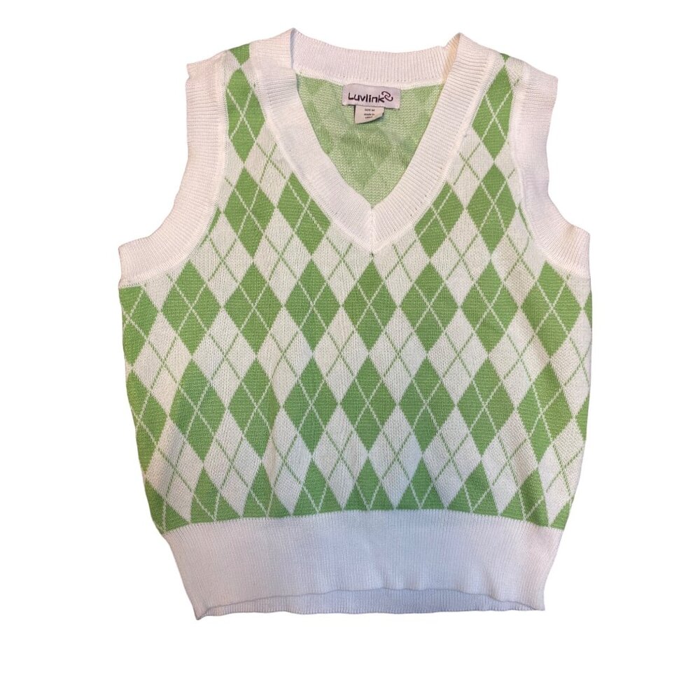 Luvlink Women’s Green and White Checkered Sweater Vest Size M NWT